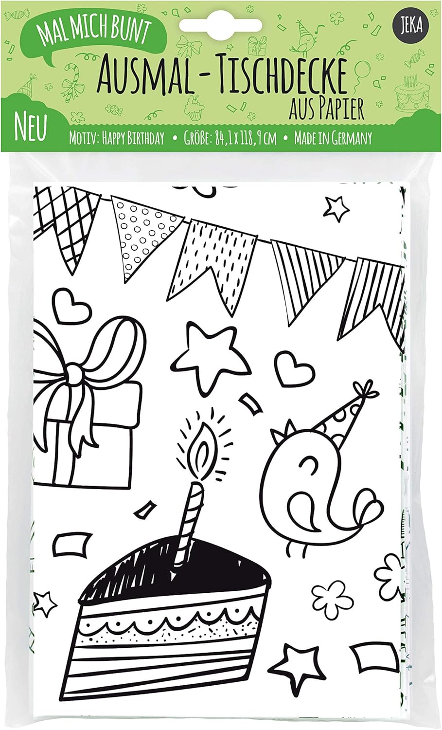 Nahaufnahme eines ausgemalten Geburtstagskuchens mit Kerzen auf der Lurchilu Happy Birthday Mal-Tischdecke