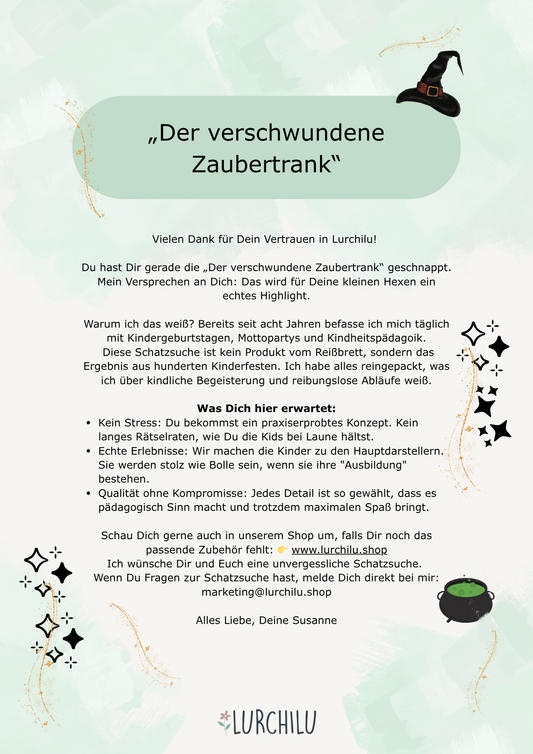 Hexen-Rallye: „Der verschwundene Zaubertrank“ – Die fertige Schatzsuche für kleine Magier ( ca. 5-9 Jahre) (Download)