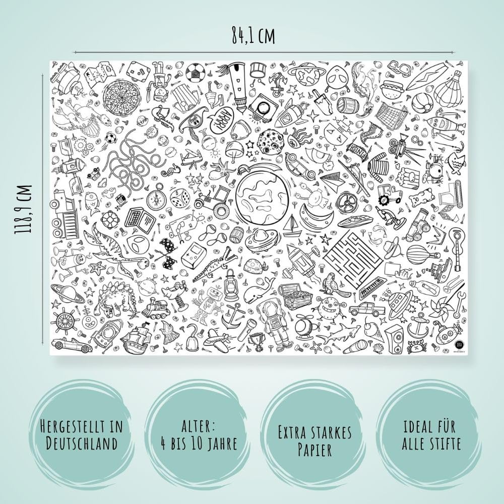 Zwei Kinder beugen sich mit Lupen und Stiften über die riesige Papier-Tischdecke und entdecken spielerisch die verschiedenen Kontinente