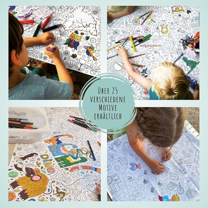 Mehrere Kinder malen gemeinsam an einer großen Bibi & Tina Ausmal-Tischdecke auf einer Mottoparty Geburtstag