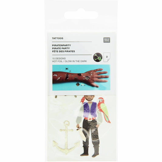 Piraten-Tattoo Set mit 15 Motiven wie Schatzschiffe und Totenköpfe auf zwei Bögen.