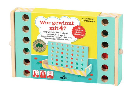 4 Gewinnt Spiel aus Holz blaues Spielgitter mit roten und gelben Holzsteinen Lurchilu.