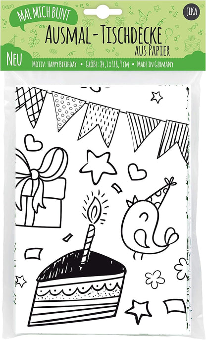 Nahaufnahme eines ausgemalten Geburtstagskuchens mit Kerzen auf der Lurchilu Happy Birthday Mal-Tischdecke