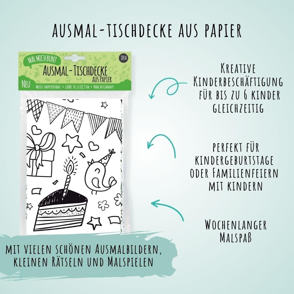 Glückliche Kinder sitzen um einen Geburtstagstisch und malen gemeinsam die große Happy Birthday Tischdecke bunt an.