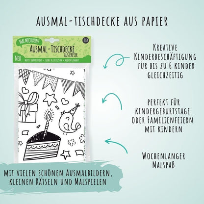 Glückliche Kinder sitzen um einen Geburtstagstisch und malen gemeinsam die große Happy Birthday Tischdecke bunt an.