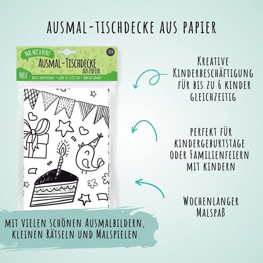 Glückliche Kinder sitzen um einen Geburtstagstisch und malen gemeinsam die große Happy Birthday Tischdecke bunt an.