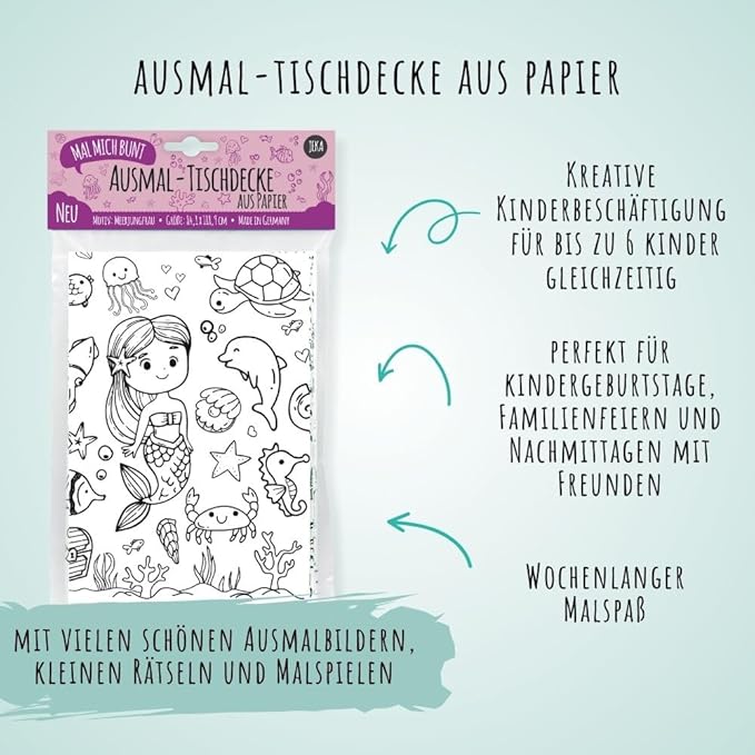 Kinder beschäftigen sich gemeinsam beim Ausmalen der Unterwasser-Tischdecke auf einer Party.