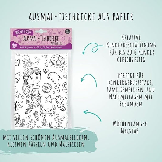 Kinder beschäftigen sich gemeinsam beim Ausmalen der Unterwasser-Tischdecke auf einer Party.