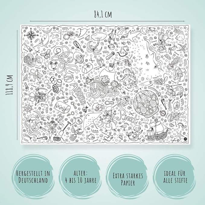 Große Ausmal-Tischdecke aus Papier mit Piratenschiff, Schatzinsel und Papagei-Motiven auf einem Tisch ausgebreitet.