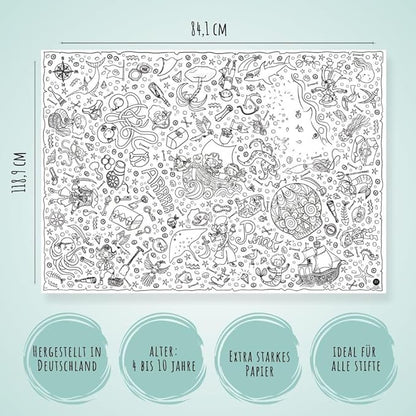 Große Ausmal-Tischdecke aus Papier mit Piratenschiff, Schatzinsel und Papagei-Motiven auf einem Tisch ausgebreitet.