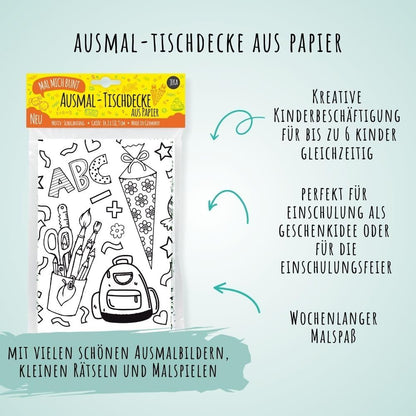 Eine festlich geschmückte Kaffeetafel zur Einschulung, auf der Kinder gemeinsam die große Papier-Tischdecke bemalen