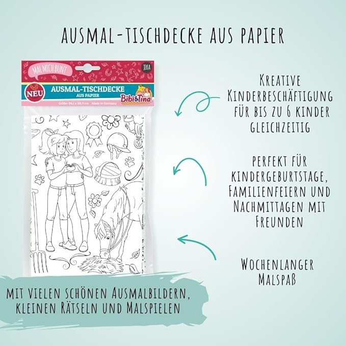 Detailansicht der Bibi & Tina Mal-Tischdecke mit Amadeus und Sabrina Motiven zum Ausmalen für Kinder.