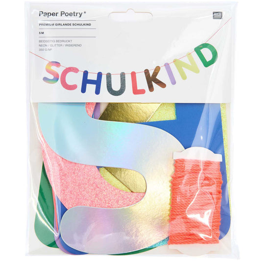 Bunte Papiergirlande mit dem Schriftzug Schulkind 5 Meter lang