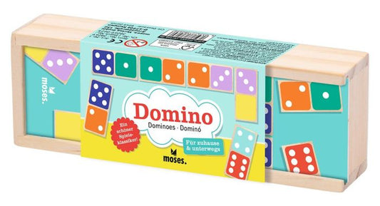 Buntes Domino aus Holz in kompakter Aufbewahrungsbox Lurchilu Online-Shop.