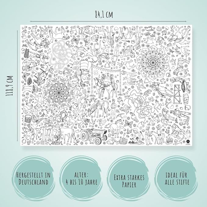 Detailansicht der Bibi & Tina Mal-Tischdecke mit Amadeus und Sabrina Motiven zum Ausmalen für Kinder.