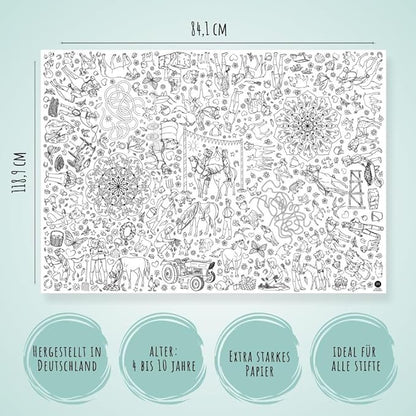 Detailansicht der Bibi & Tina Mal-Tischdecke mit Amadeus und Sabrina Motiven zum Ausmalen für Kinder.