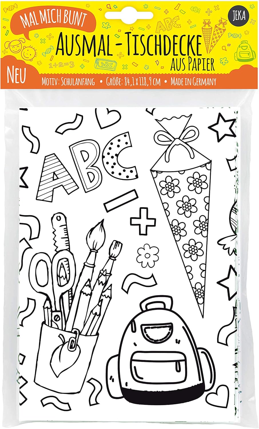 Große Ausmal-Tischdecke aus Papier zum Schulanfang mit Motiven von Schultüten, Linealen, Buchstaben und Zahlen
