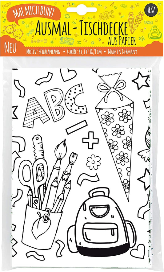 Große Ausmal-Tischdecke aus Papier zum Schulanfang mit Motiven von Schultüten, Linealen, Buchstaben und Zahlen