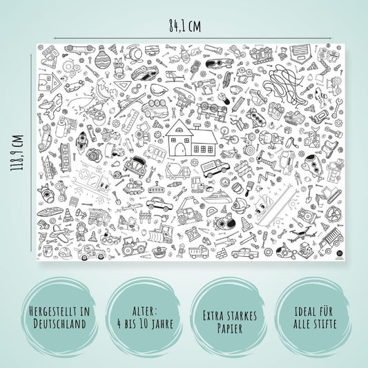 Große Ausmal-Tischdecke aus Papier mit Motiven von einer Baustelle, Baggern, Kränen und verschiedenen Fahrzeugen.