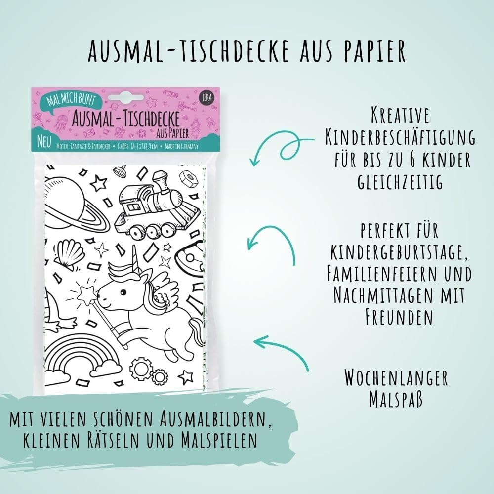 Große Fantasie-Ausmal-Tischdecke aus Papier mit einem Märchenschloss, Einhörnern und fliegenden Drachen