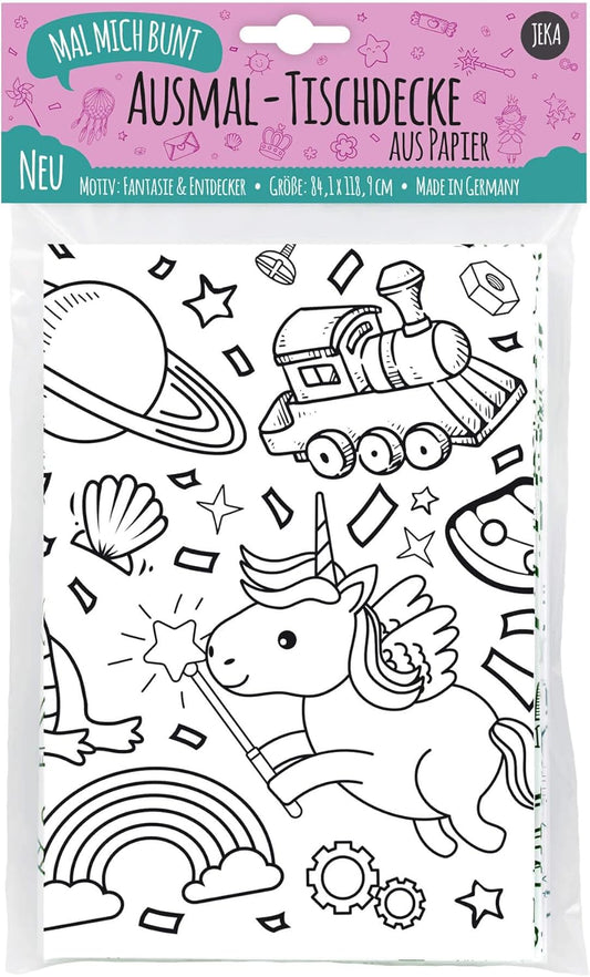 Nahaufnahme einer Fee mit Zauberstab auf der Lurchilu Fantasie-Mal-Tischdecke, die mit bunten Farben verziert wird