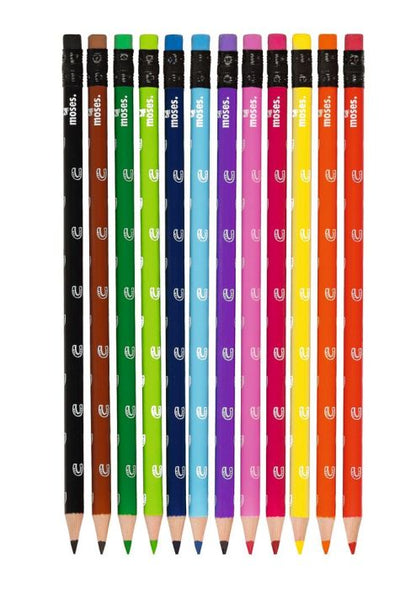 Farbkraft der 12 radierbaren Buntstifte auf weißem Papier mit einer radierten Stelle.