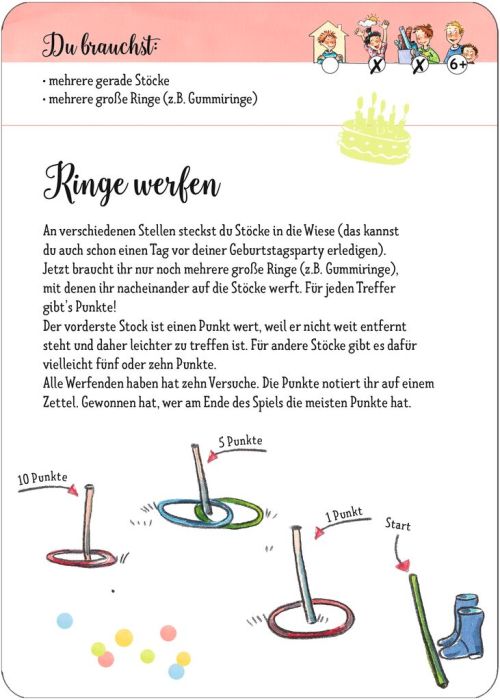 Geöffnete Box mit 50 Spielkarten und Leporello für Schulkinder-Partys.