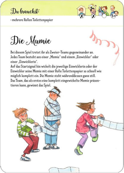 Geöffnete Box mit illustrierten Spielkarten und Leporello für Kindergeburtstage.