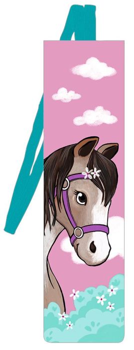 Hochwertiges Lesezeichen mit Pferdemotiv und buntem Textilband.