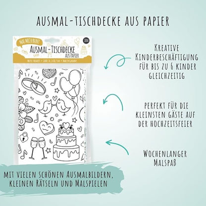 Kinder malen gemeinsam auf einer Papier-Tischdecke während einer Hochzeitsfeier.