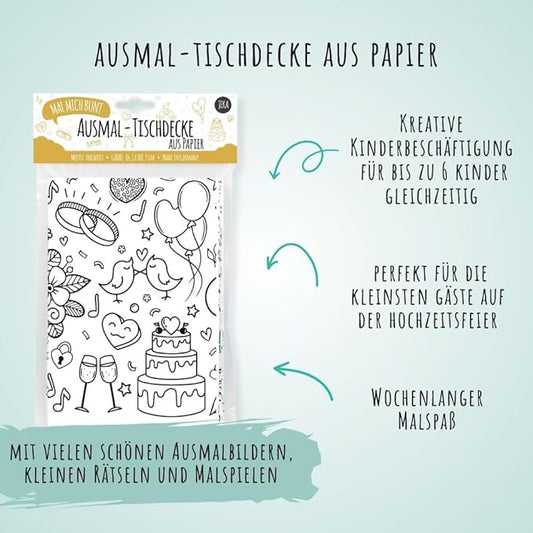 Kinder malen gemeinsam auf einer Papier-Tischdecke während einer Hochzeitsfeier.