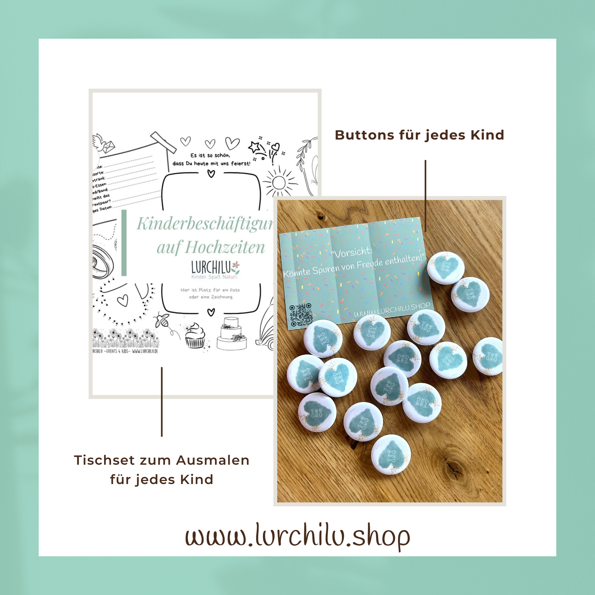 Kinderbeschäftigung auf der Hochzeit mit Buttons und Ausmaltischset