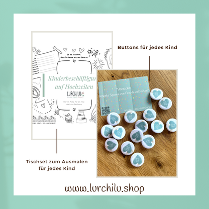 Kinderbeschäftigung auf der Hochzeit mit Buttons und Ausmaltischset