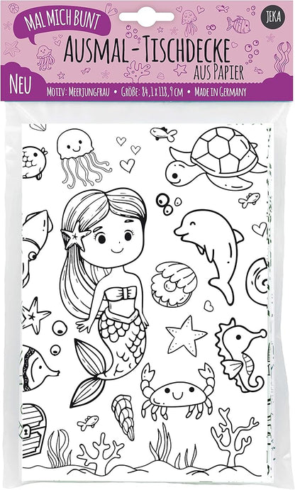 Kreative Tischdekoration und Ausmalspaß für Meerjungfrauen-Kindergeburtstage.
