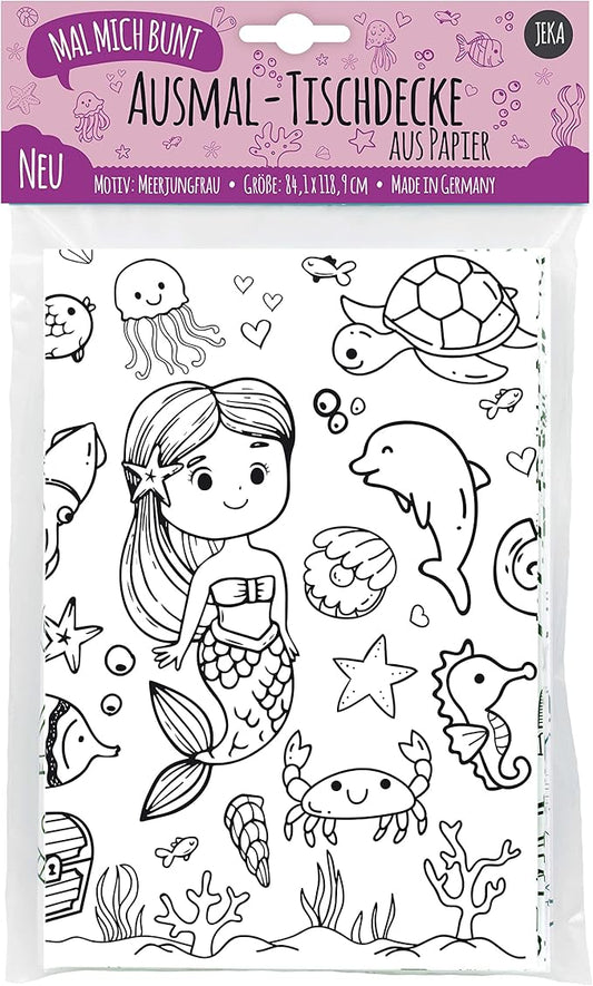 Kreative Tischdekoration und Ausmalspaß für Meerjungfrauen-Kindergeburtstage.