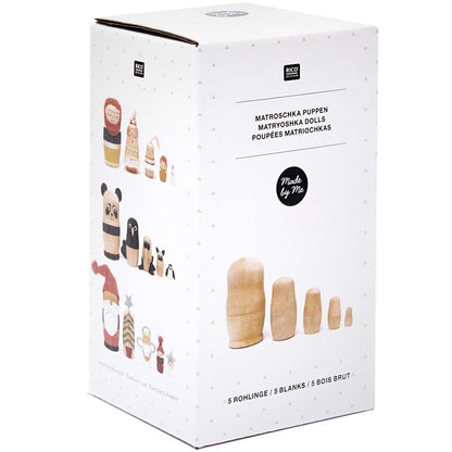 5-teiliges Matroschka-Set aus Holzrohlingen in verschiedenen Größen von XS bis XL zum individuellen Bemalen.