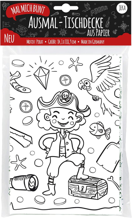 Nahaufnahme einer kleinen Schatzkarte auf der Piraten-Mal-Tischdecke, die gerade bunt ausgemalt wird.