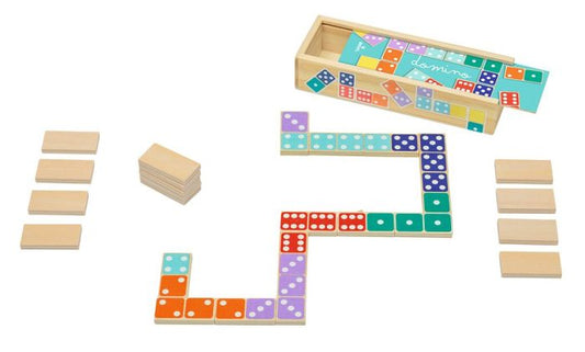 Nahaufnahme der Dominosteine aus Holz mit Punkten in 7 verschiedenen Farben.