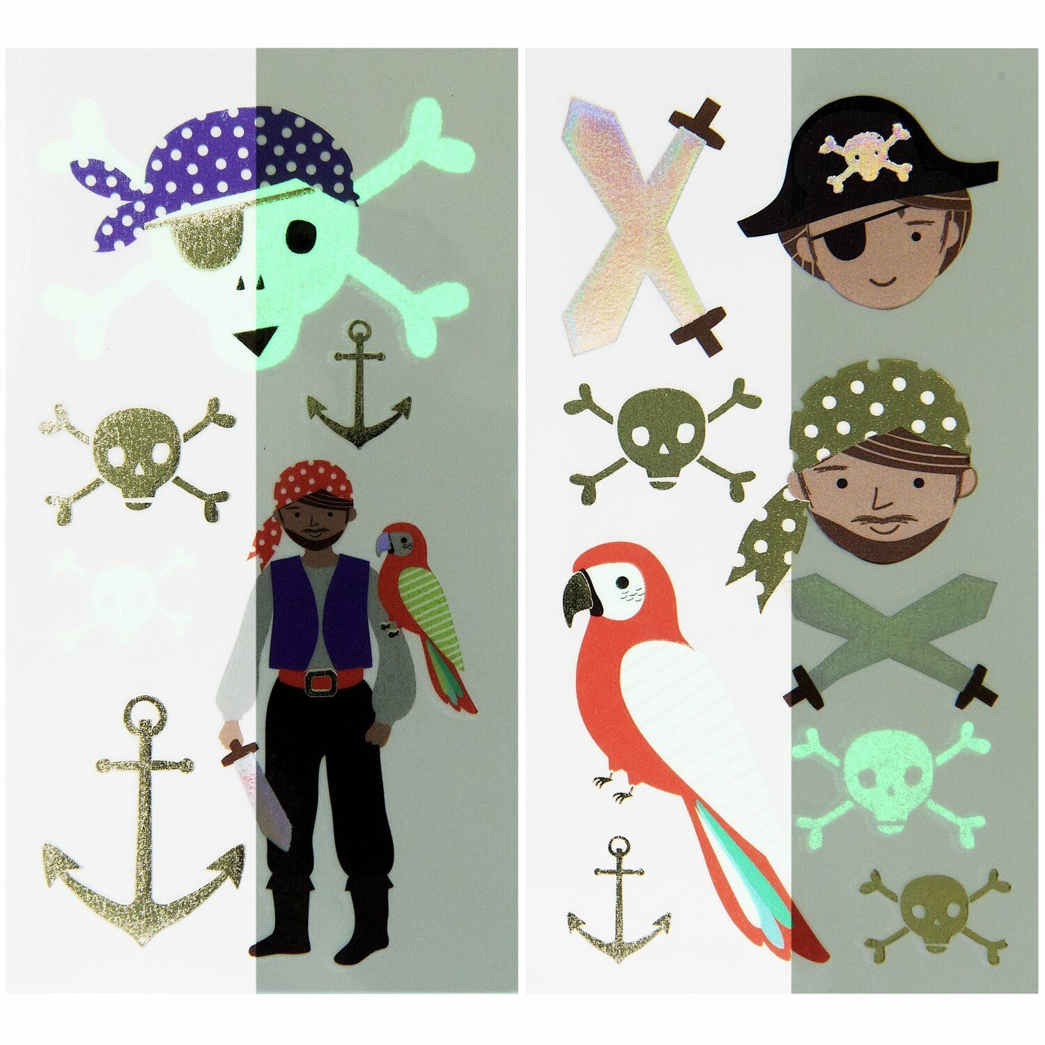 Nahaufnahme der goldenen Veredelung und der Glow-in-the-Dark Details der Piraten-Tattoos.