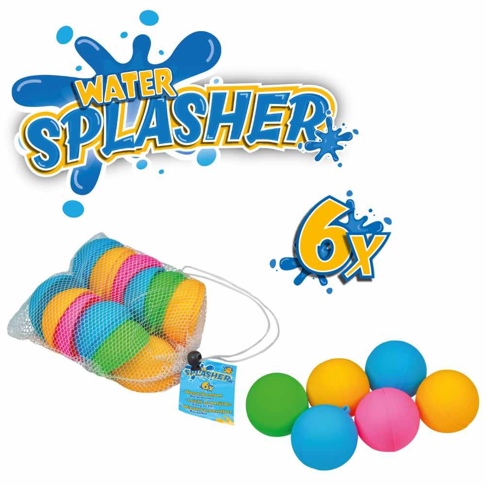 Sechs bunte WATER SPLASHER Wasserbomben im Netzbeutel – bereit für den Einsatz.