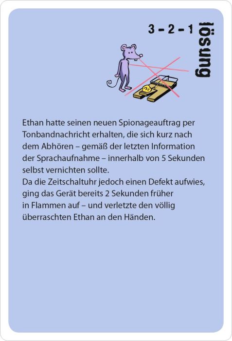 Eine geöffnete Spielkarte mit einer spannenden Rätselfrage auf der Vorderseite und einer farbenfrohen Illustration