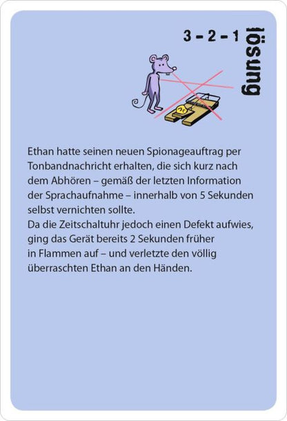 Eine geöffnete Spielkarte mit einer spannenden Rätselfrage auf der Vorderseite und einer farbenfrohen Illustration