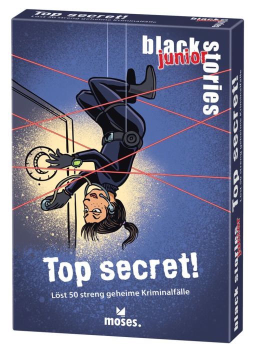 Die schwarze Spielbox von black stories junior Top Secret! mit Illustrationen eines mysteriösen Agenten