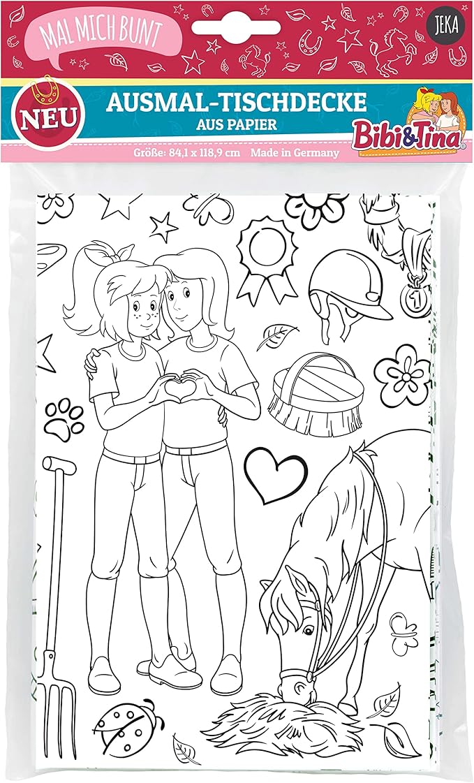 XXL Bibi & Tina Ausmal-Tischdecke aus Papier mit Motiven vom Martinshof, Bibi Blocksberg und Pferden – ideal für Kinderparty-Deko.