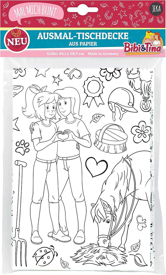XXL Bibi & Tina Ausmal-Tischdecke aus Papier mit Motiven vom Martinshof, Bibi Blocksberg und Pferden – ideal für Kinderparty-Deko.